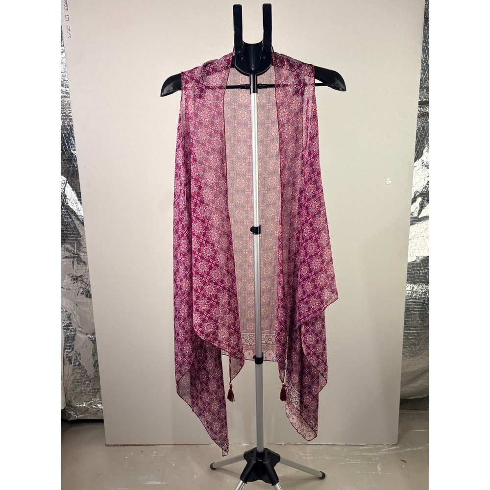 Dressbarn Womens OS Magenta Purple Floral‎ Sheer Open Front Kimono Vest Tassels